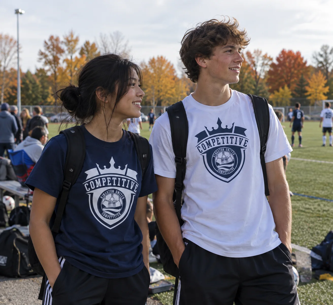 Two players wearing navy and white Kingston United Competitive Heavyweight Tees