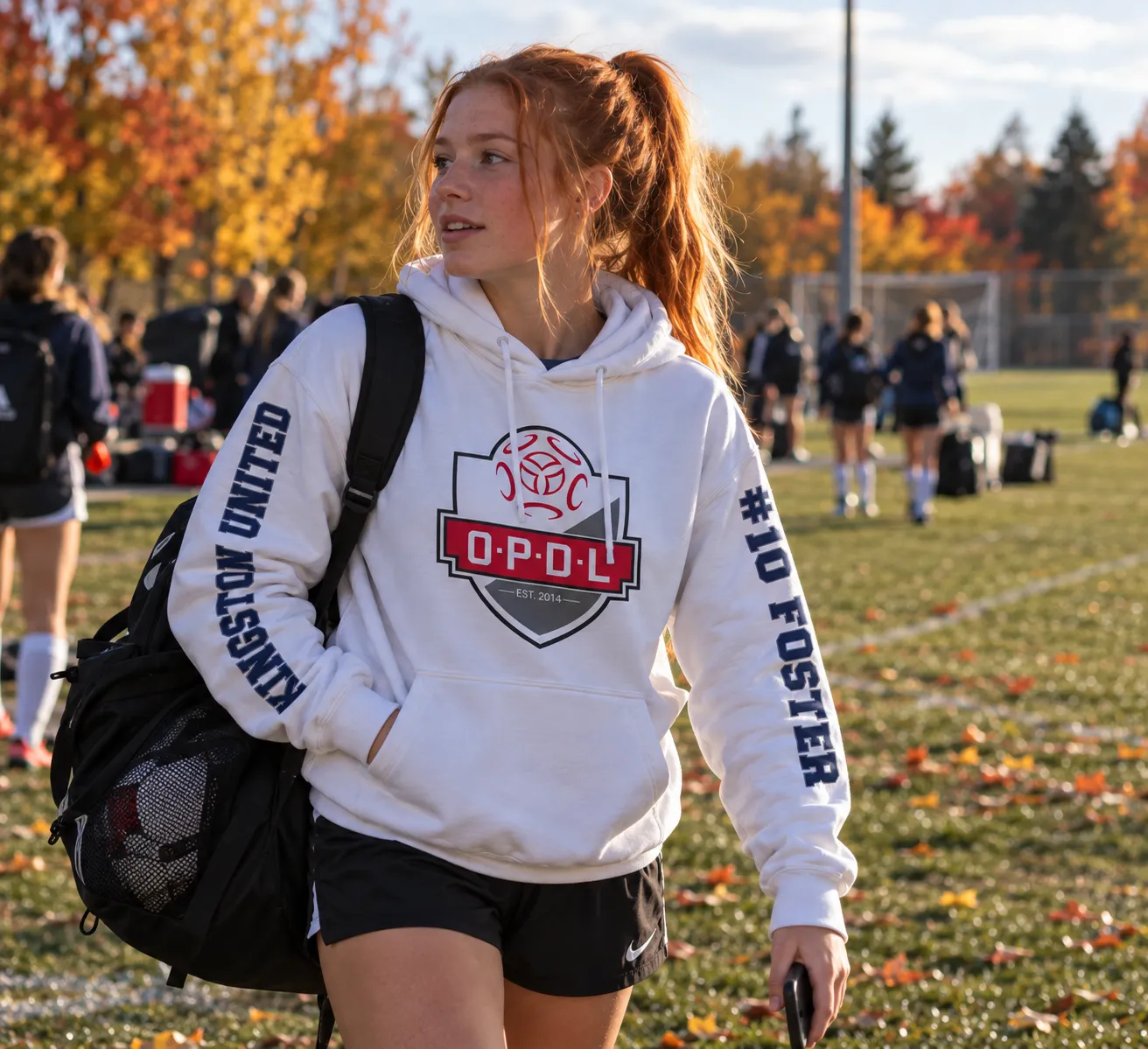 Player wearing a personalized white Kingston United OPDL Hoodie at the field