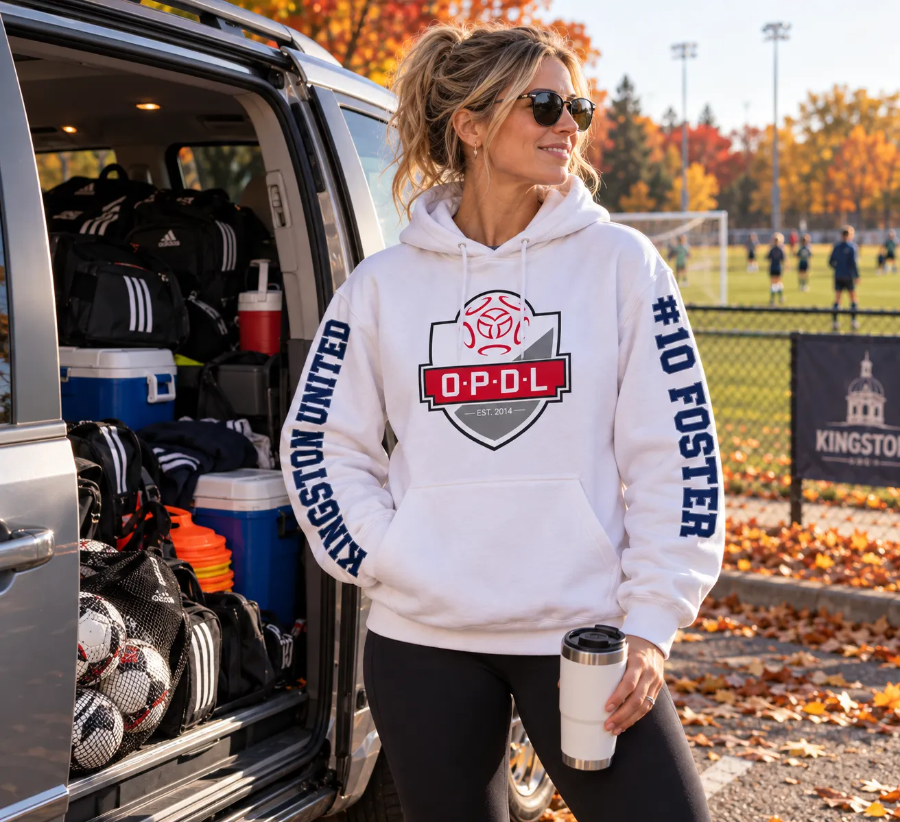 A parent in a white Kingston United OPDL hoodie beside a van loaded with soccer gear