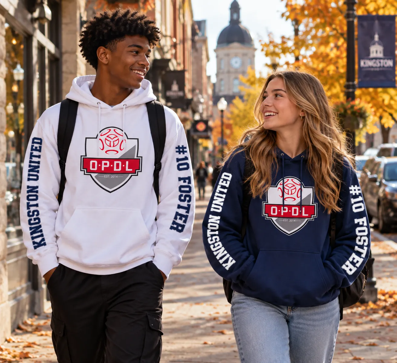 Two players in white and navy Kingston United OPDL hoodies walking in downtown Kingston