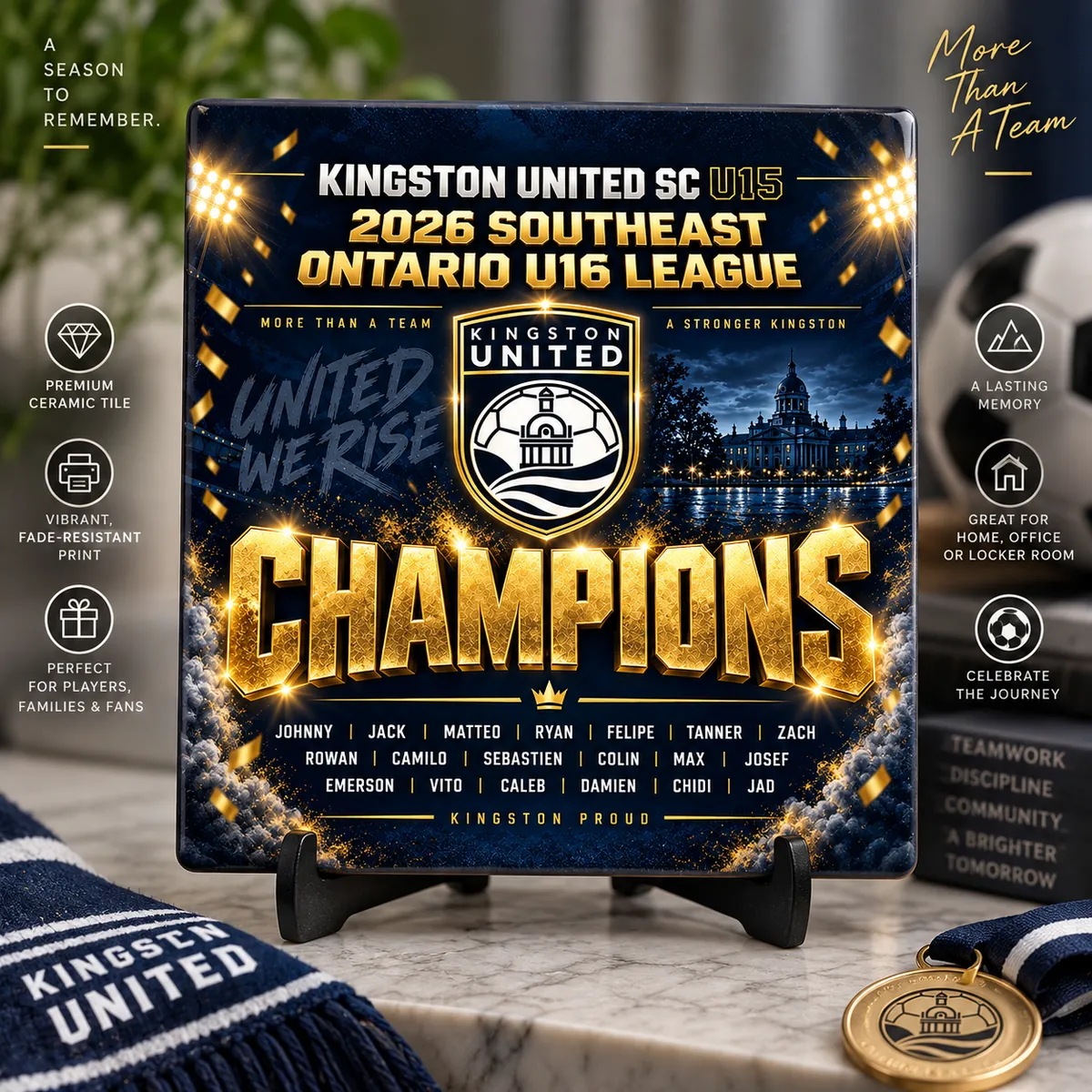 Kingston United ceramic Player Tile displayed on a stand as a championship keepsake