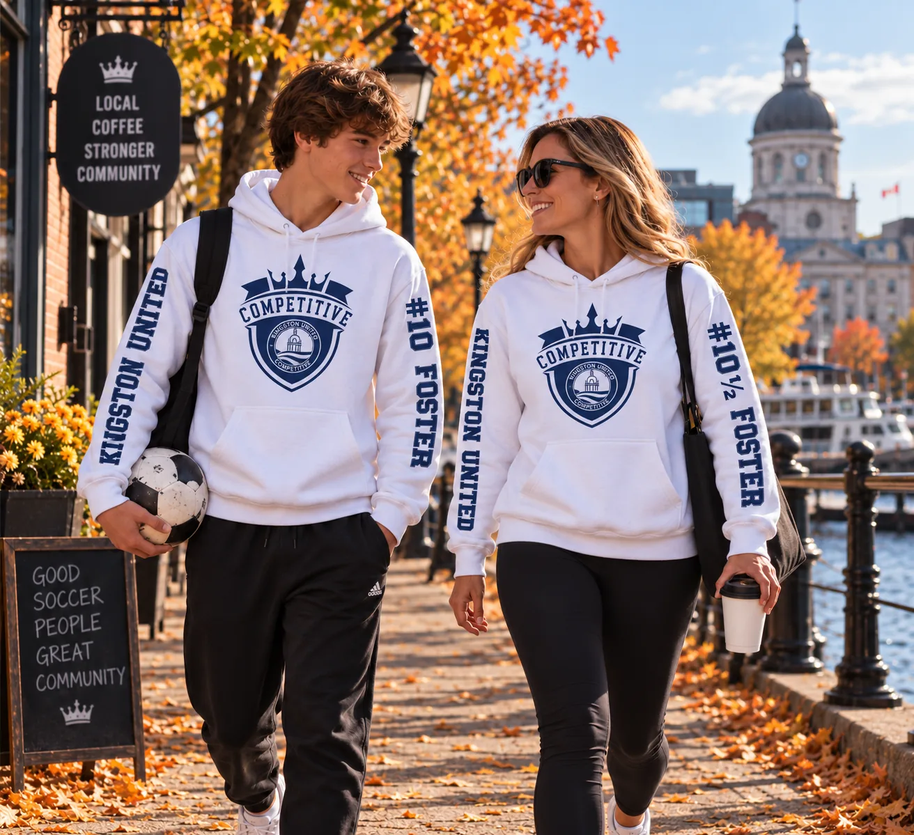 A player in a #10 FOSTER Kingston United hoodie walking with a parent in a #10½ FOSTER hoodie