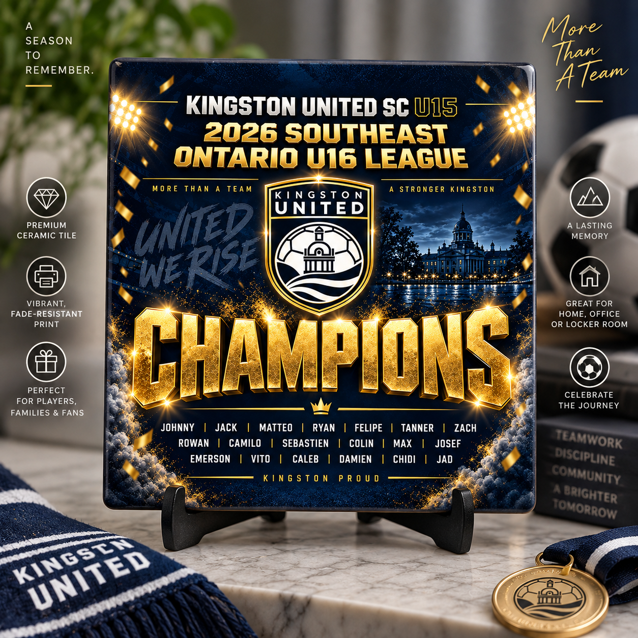 Kingston United ceramic Player Tile displayed on a stand as a championship keepsake