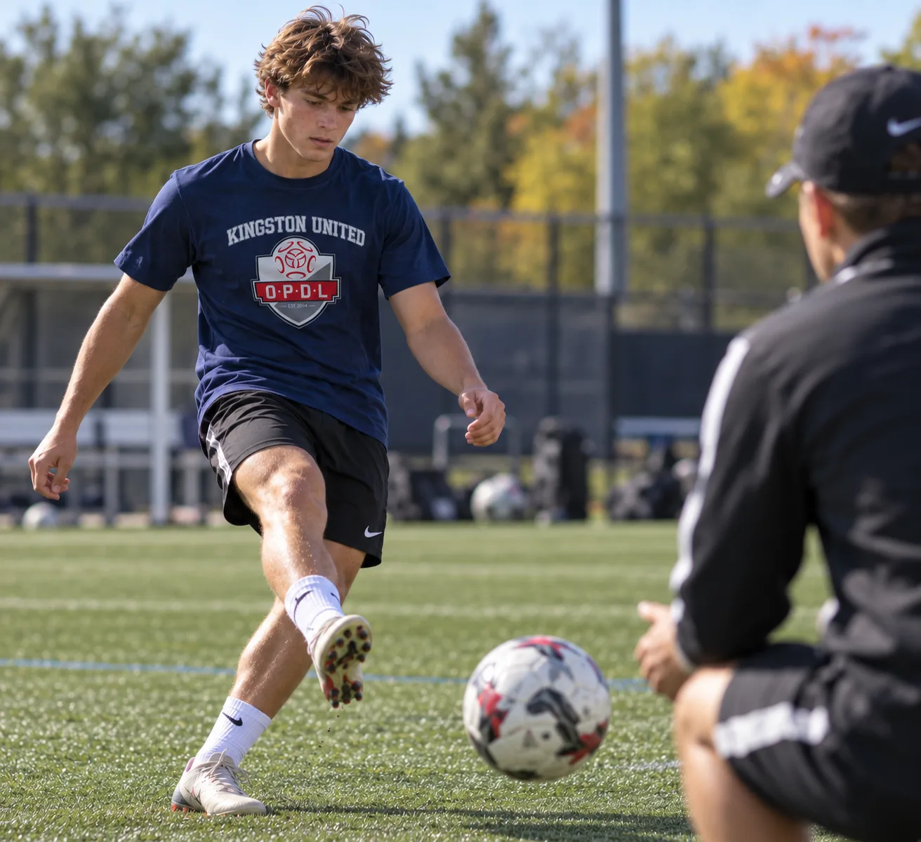 Player training in a navy Kingston United OPDL Heavyweight Tee