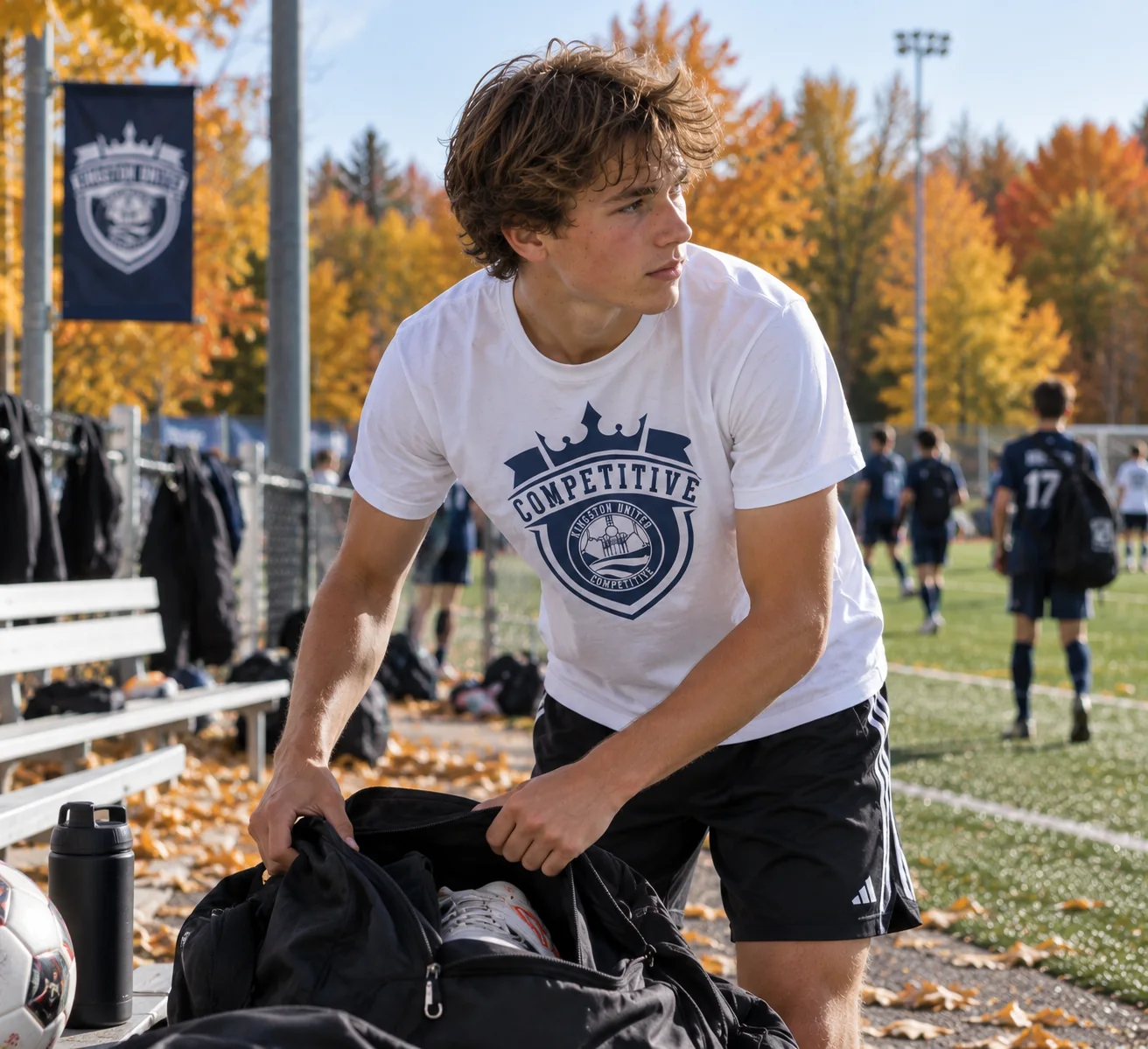 Player wearing a white Kingston United Competitive Heavyweight Tee beside the field